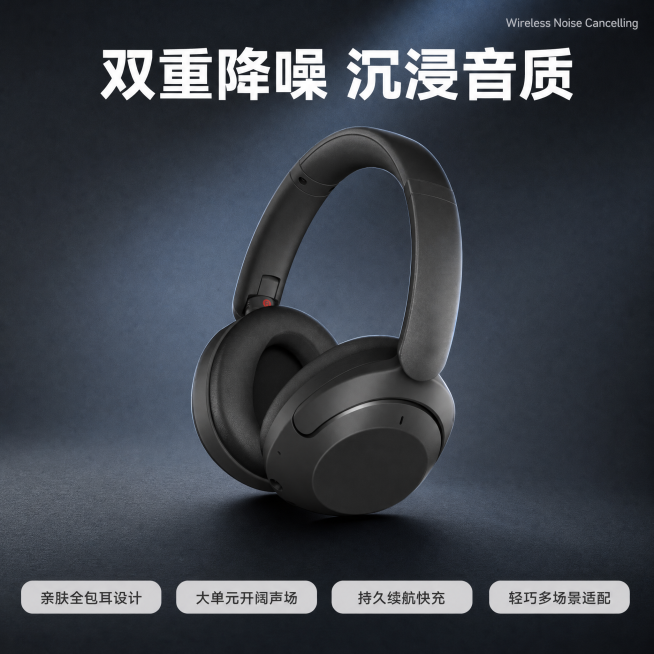 [单张主图] 黑色头戴式无线蓝牙耳机，高级品质感主图，适配京东平台，文字占比小于30%，一图一重点，简洁稳重突出产品品质。
[画面主体] 黑色头戴式蓝牙耳机，保持产品外观、物理结构、材质质感、颜色与输预览效果
