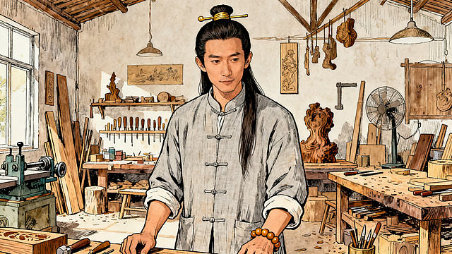 手绘插画，非遗木艺匠人正视图，身形清瘦挺拔，长发用金丝楠发簪挽于脑后，身着浅灰棉麻中式布衣，左手戴金丝楠手串，温润儒雅气质，工坊背景，16:9构图