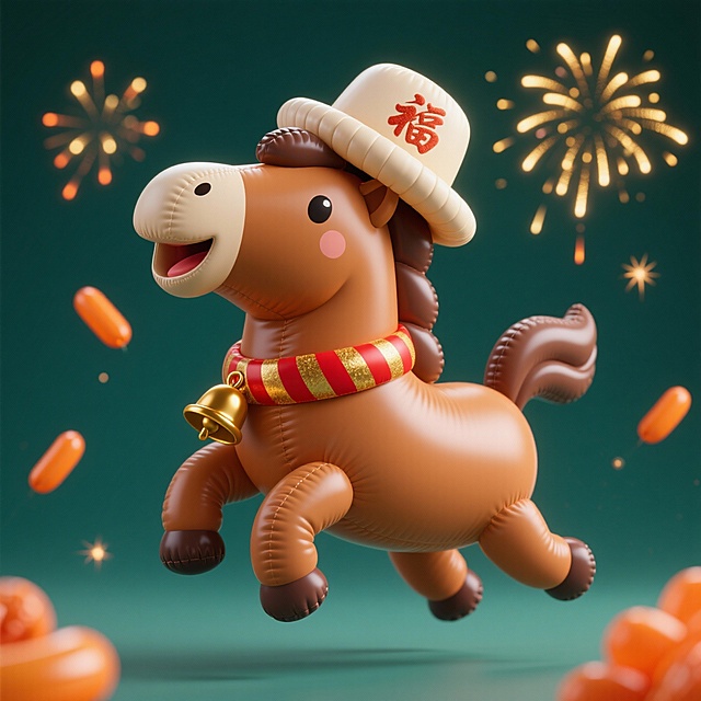 焦糖色小马，四蹄腾空、仰头嘶鸣，头顶戴绣福字的米白毡帽，颈间系缀铃铛的红金条纹飘带。纯墨绿背景，点缀闪烁的金橙烟花，雅致复古。