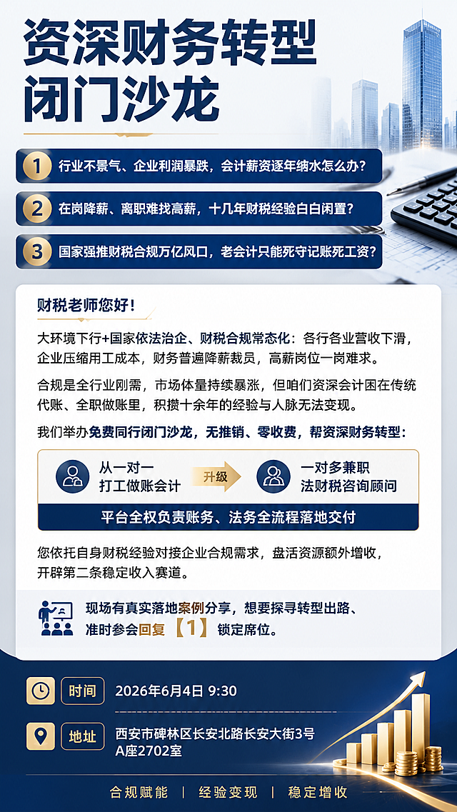 设计一张资深财务转型闭门沙龙宣传海报，9:16竖版，海报最上方是主标题“资深财务转型闭门沙龙”，下面排版三个痛点设问小标题：1.行业不景气、企业利润暴跌，会计薪资逐年缩水怎么办？2.在岗降薪、离职难找高薪，十几年财税经验白白闲置？3.国家强推财税合规万亿风口，老会计只能死守记账死工资？。下方正文内容：财税老师您好！大环境下行+国家依法治企、财税合规常态化：各行各业营收下滑，企业压缩用工成本，财务普遍降薪裁员，高薪岗位一岗难求。合规是全行业刚需，市场体量持续暴涨，但咱们资深会计困在传统代账、全职做账里，积攒十余年的经验与人脉无法变现。我们举办免费同行闭门沙龙，无推销、零收费，帮资深财务转型：从一对一打工做账会计，升级一对多兼职法财税咨询顾问，平台全权负责账务、法务全流程落地交付。您依托自身财税经验对接企业合规需求，盘活资源额外增收，开辟第二条稳定收入赛道。现场有真实落地案例分享，想要探寻转型出路、准时参会回复【1】锁定席位。时间2026年6月4日9:30，地址：西安市碑林区长安北路长安大街3号A座2702室。整体风格专业商务，排版简洁清晰，适合宣传推广。