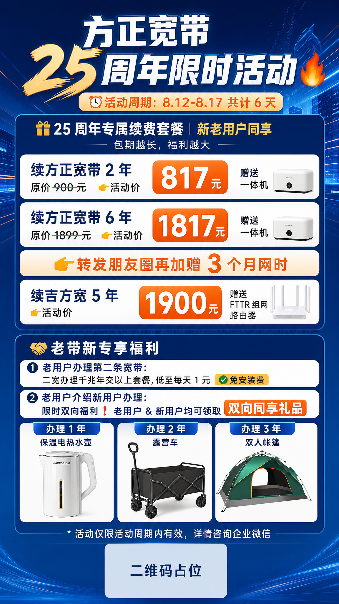 竖版9:16商业营销海报，宽带周年活动海报，深蓝主色调搭配橙色… - 图片创意预览