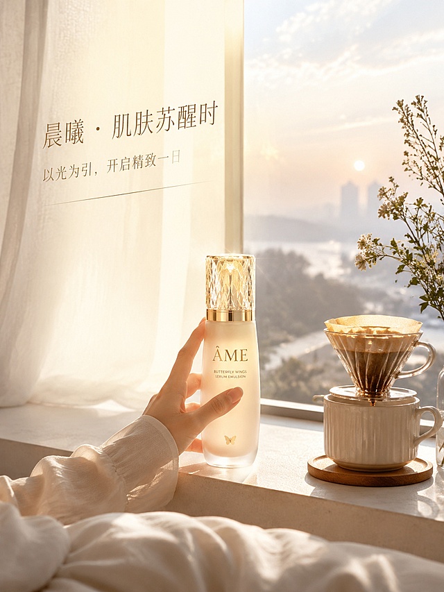 [第10屏] 晨间场景种草 - ÂME艺术蝶翼精华乳日常使用场景图。
[氛围/风格] 8K高动态逆光摄影，通透氛围感，暖金高级调性，故事感强。
[元素布局] 晨光从窗帘间隙洒入卧室，ÂME精华乳置于白色窗台上，旁边放置一杯手冲咖啡，窗外可见朦胧晨景，人物仅出现手部把玩瓶身，无正面清晰人脸，整体构图舒展，右侧留白透气。
[光影质感] 逆光拍摄，产品轮廓被晨光照亮产生金色光晕，光影通透，背景晨景有轻微景深虚化，整体氛围温暖柔和。
[配色色系] 整体调性为暖金霜白，背景浅暖灰色，和谐通透。
[视角构图] 平视构图，大场景，景深较大，氛围优先。
[文字版式] 主文案"晨曦 · 肌肤苏醒时"和副文案"以光为引，开启精致一日"布置在画面左侧留白处，文字右上角略微倾斜，均采用纤细字体，配合逆光让文字更显柔和，文字不遮挡产品主体。
[比例分辨率] 宽度1080px，高度1440px，3:4竖版比例，4K分辨率，文字清晰可辨，高清画质。
[负向提示词] 清晰人脸，人物变形，产品扭曲，文字错乱，过曝，对比度太高