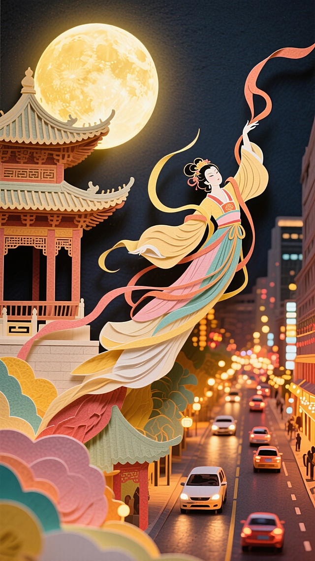 撕纸风插画，嫦娥飞天于现代都市之上，融合中式建筑与夜景，梦幻浪漫，剪纸质感与微缩艺术交织，展现传统与现代的优雅碰撞。