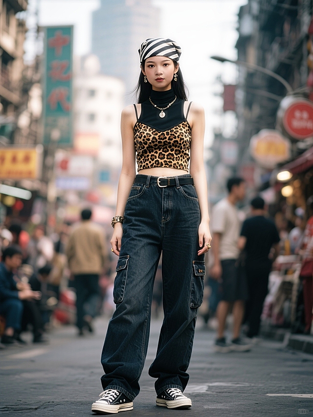 热闹的千禧年上海街头，女人（戴条纹头巾，豹纹高领坎肩，深色牛仔工装裤搭配帆布鞋，千禧年时尚配饰）走在街头。大光圈虚化背景。正面看镜头。