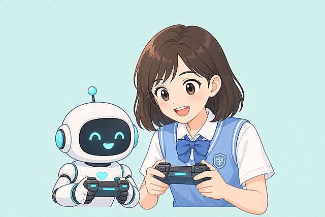 将背景改为淡青色，内容改为卡通中学生女孩和机器人做游戏，半身居中构图，保持卡通插画风格