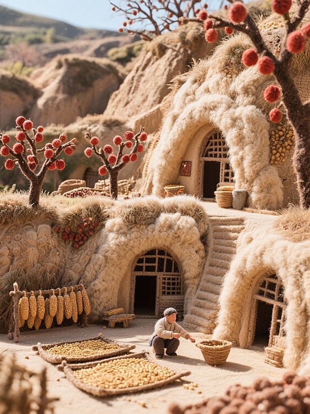 微缩艺术风中式窑洞，毛发生长质感与粘土肌理交融，质朴乡村生活场景，秋日丰收气息扑面而来。