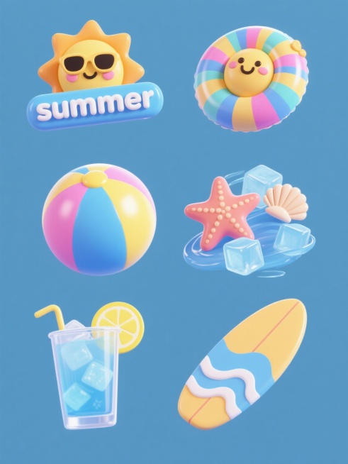 一组6个完全不同造型的夏日主题立体元素系列素材集合，每个元素均采用光滑圆润的3D立体风格，具有明亮的高光和柔和的阴影，主色调为清新蓝色并搭配黄色、粉色等夏季亮色，元素包括：1.戴着墨镜的卡通太阳搭配"summer"立体字，2.带有笑脸的充气游泳圈，3.彩色条纹沙滩球与贝壳组合，4.漂浮的冰块与海星，5.冰镇饮料杯与柠檬片，6.冲浪板与海浪造型，所有元素规整排布在纯色背景上，整体呈现欢快、清爽的……预览效果