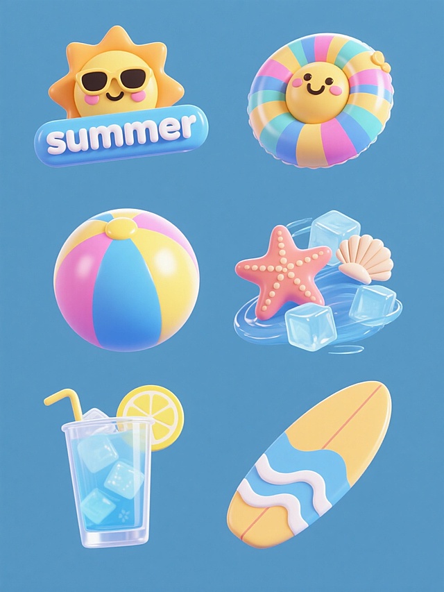一组6个完全不同造型的夏日主题立体元素系列素材集合，每个元素均采用光滑圆润的3D立体风格，具有明亮的高光和柔和的阴影，主色调为清新蓝色并搭配黄色、粉色等夏季亮色，元素包括：1.戴着墨镜的卡通太阳搭配"summer"立体字，2.带有笑脸的充气游泳圈，3.彩色条纹沙滩球与贝壳组合，4.漂浮的冰块与海星，5.冰镇饮料杯与柠檬片，6.冲浪板与海浪造型，所有元素规整排布在纯色背景上，整体呈现欢快、清爽的夏日氛围。