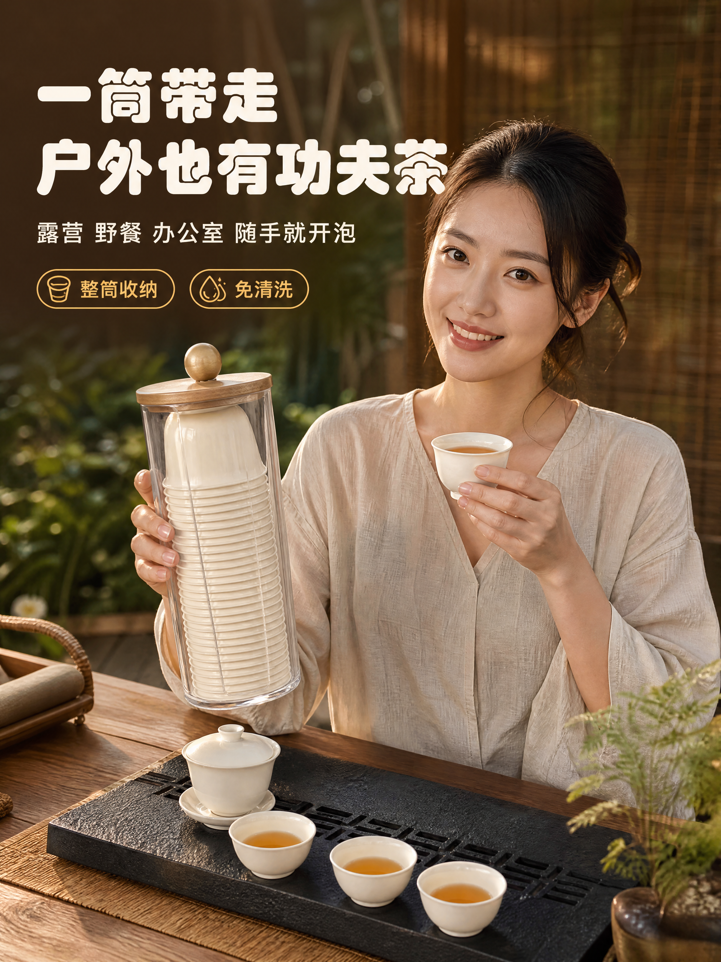 [商品] 使用【图1】白色一次性稻壳功夫茶杯与透明亚克力收纳筒… - 图片创意预览