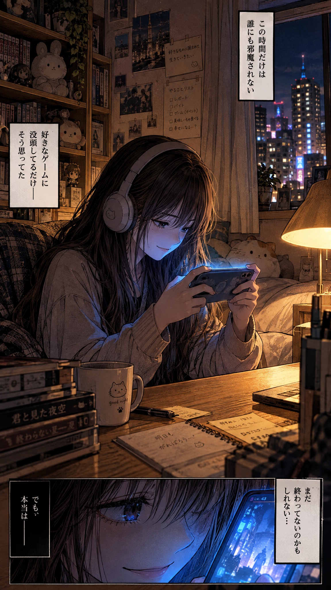 日式悬疑漫画风格，年轻长发女生深夜坐在温馨的卧室书桌前，戴着耳… - 图片创意预览