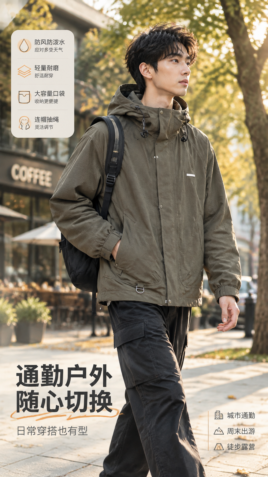 [商品] 使用【图1】橄榄灰绿色连帽机能外套；商品处理：保留连… - 图片创意预览
