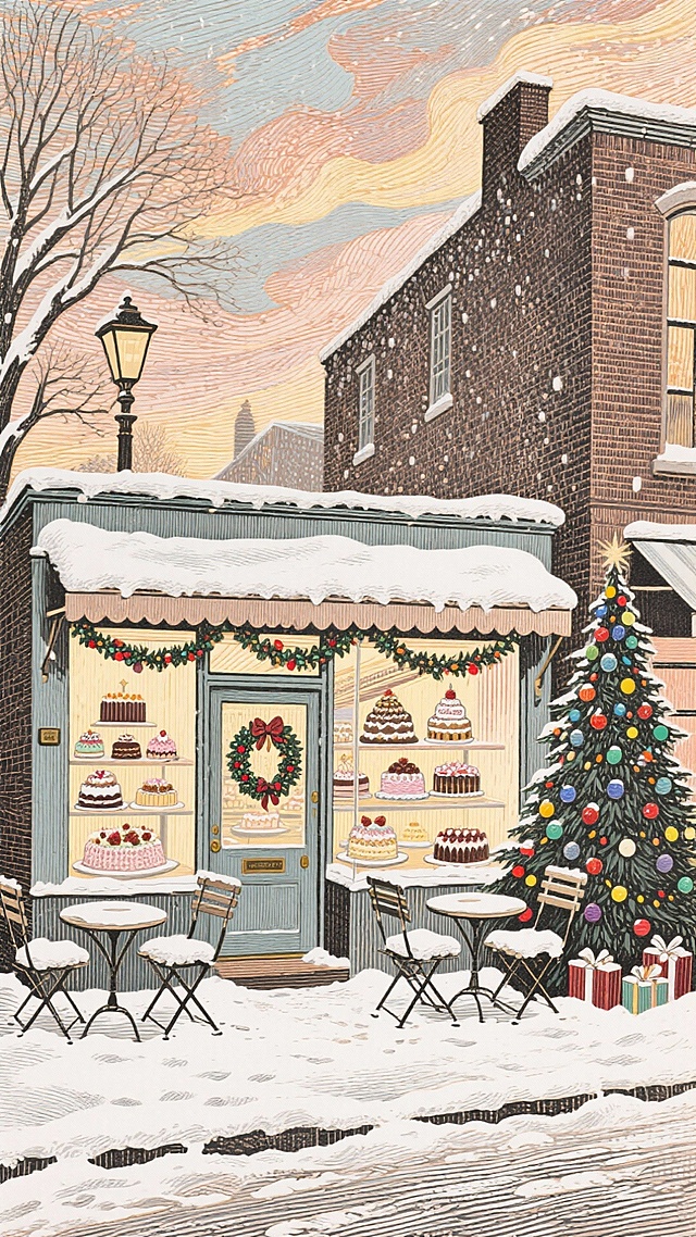复古插画风圣诞甜品店，厚涂质感与重拟物细节交织，雪景中洋溢温馨喜庆，版画线条勾勒甜蜜节日氛围。