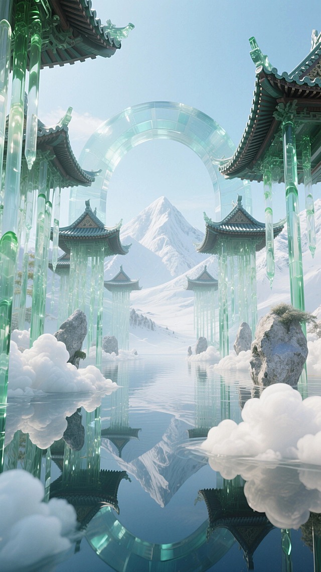 前景是镜面水面，云朵状的白色乳石穿插整个画面；水中伸出无数透明绿色渐变的垂感琉璃线条把多个飞檐屋顶托至远处高空；背景是明亮干净的雪山、巨大透明琉璃拱形增加层次感。仰拍视角