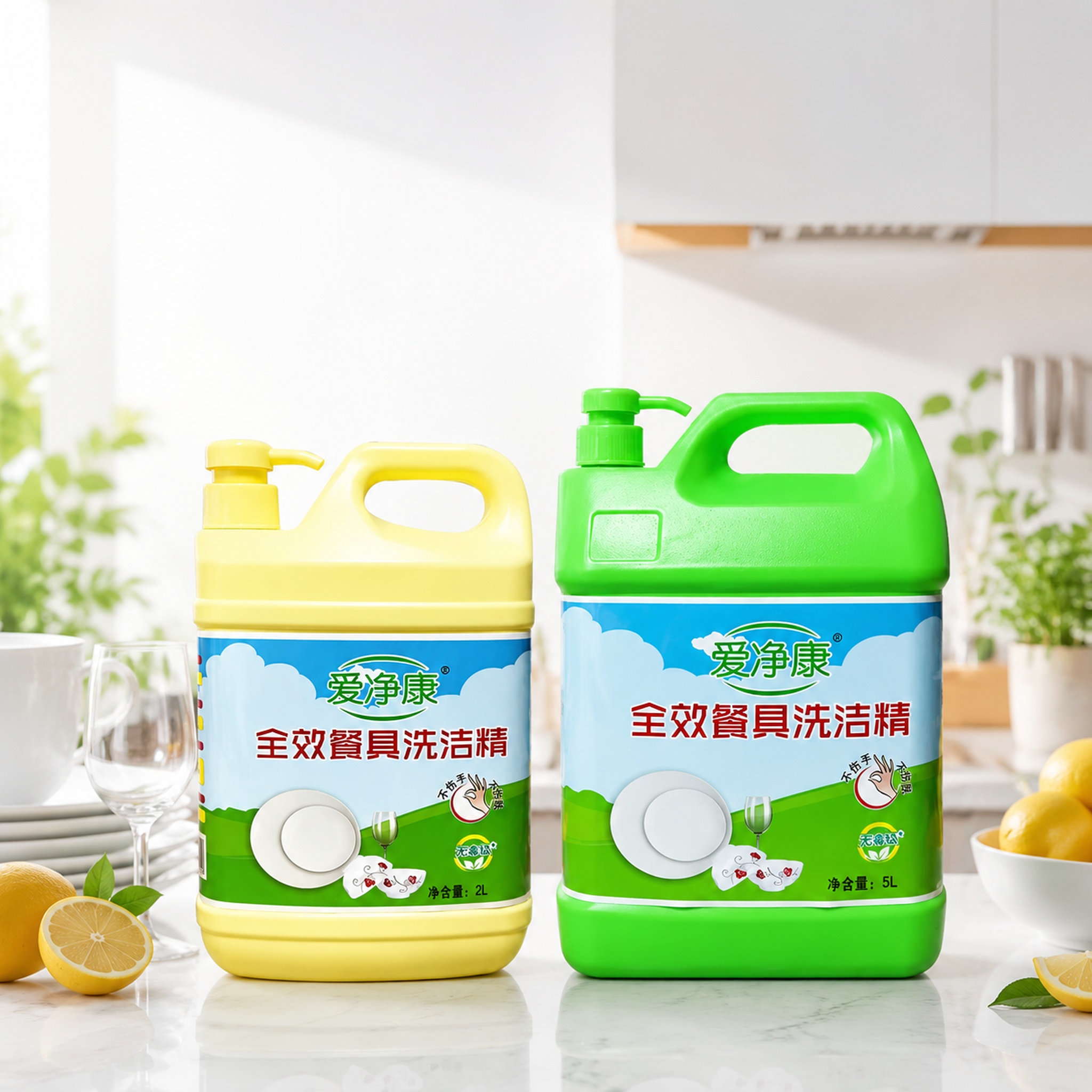 电商主图第1张，爱净康全效餐具洗洁精2L黄色瓶和5L绿色瓶并排… - 图片创意预览