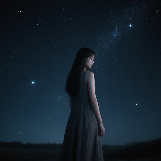 一位穿着连衣裙的长发女孩背影，伤感地站在黑暗的星空下，高清画质，写实摄影风格，画面氛围宁静而略带忧郁，星空璀璨，星光点缀夜空，女孩身姿纤细，连衣裙自然垂落，整体构图简洁，突出人物与星空的对比预览效果