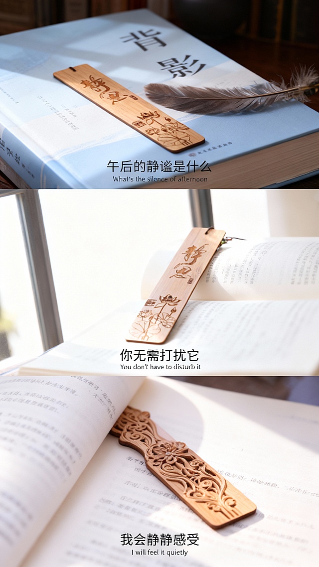 木雕风书签，浮雕花鸟纹饰，光影交织于书页间，中式质朴美学与静谧文艺感交融，呈现午后阅读的诗意时光。