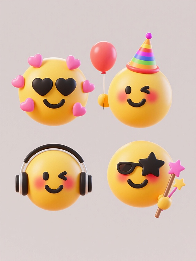 一套四个不同造型的3D立体表情图标，保持圆润光滑的渐变质感，明亮温暖的黄色主色调，黑色简约线条勾勒的微笑表情，每个图标都带有独特的设计元素：第一个是双眼呈心形并周围环绕多个粉色小心心，第二个是戴着彩虹色派对帽并手持气球，第三个是脸颊泛着红晕并戴着耳机，第四个是戴着星星形状眼镜并手持魔法棒，所有图标在纯色背景上呈2x2网格规整排布，整体风格统一，充满可爱欢快的氛围。