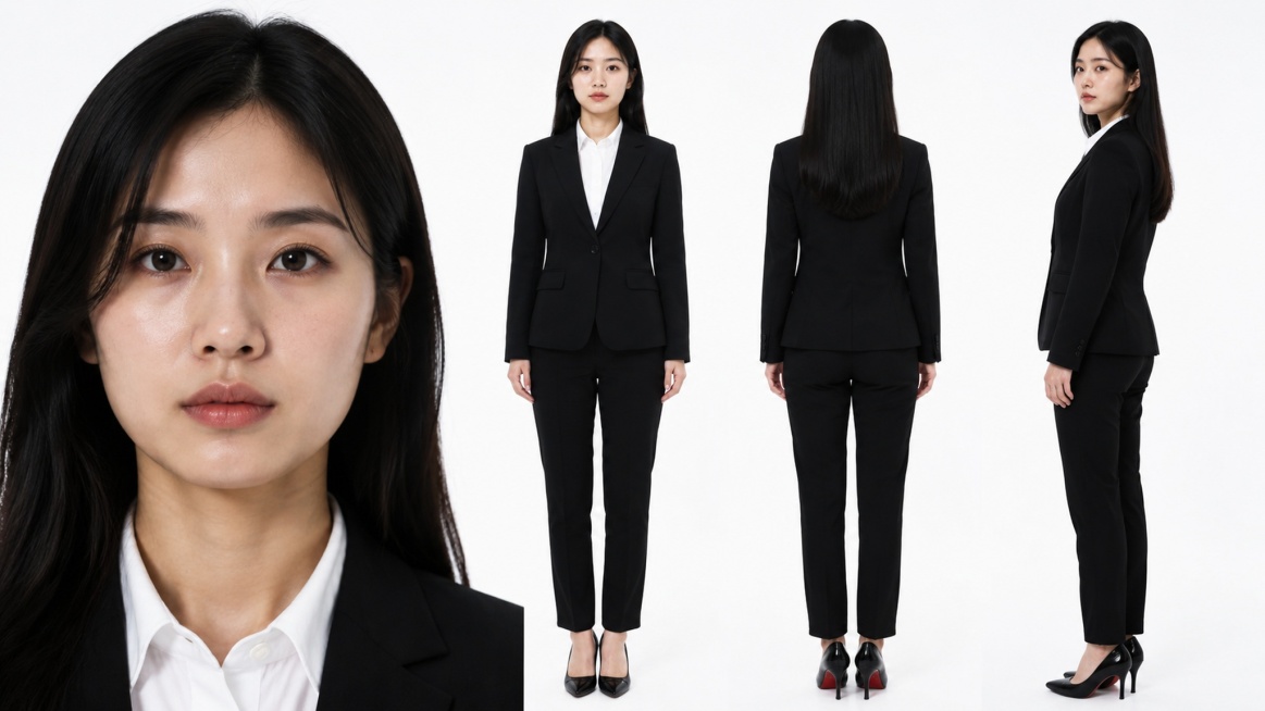 超级写实人物形象展示图，包含人物脸部特写、人物正面全身、人物背面全身，纯白背景。参考原图片人物外貌，27岁中国女性，身高165，身形偏瘦，年轻女律师，黑长直发型，圆脸。皮肤保留自然毛孔纹理，保留真实皮预览效果