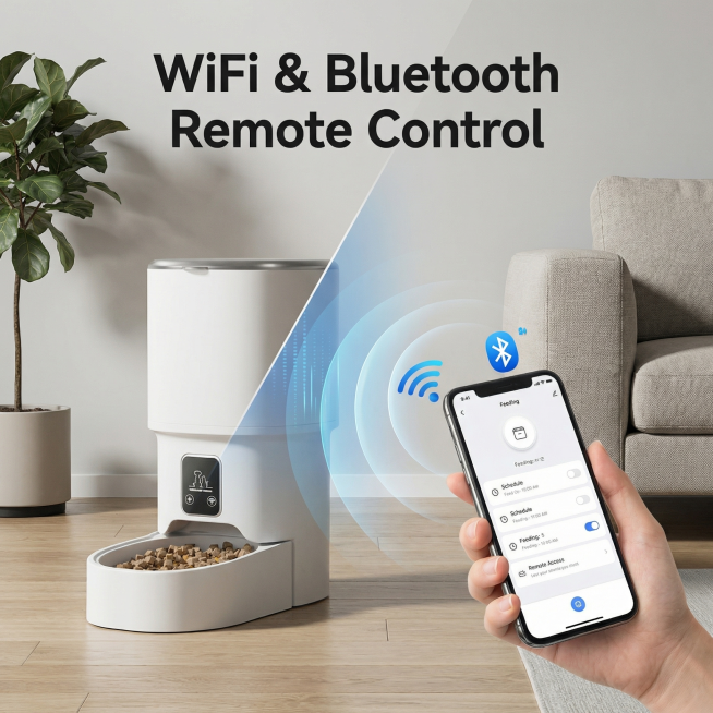 欧美跨境电商详情页，产品保持原智能喂食器外观不变，使用切片设计效果展示WiFi & Bluetooth手机远程控制特性，产品不要被切片分割，突出英文标题"WiFi & Bluetooth Remote预览效果
