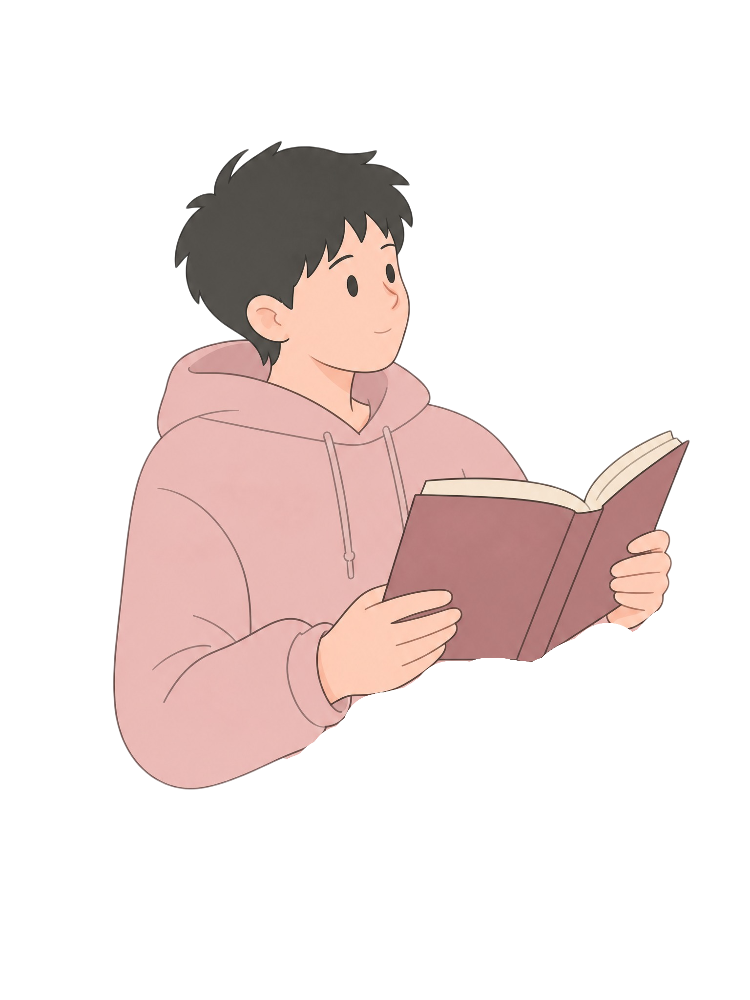 从这张图中精细抠取出主体大学生人物（穿粉色连帽衫看书的男生），… - 图片创意预览