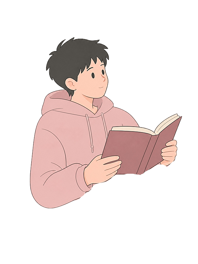 从这张图中精细抠取出主体大学生人物（穿粉色连帽衫看书的男生），只保留人物本身，包括他手中的书，其他所有背景元素全部去除，背景为透明。人物边缘要干净利落，无白边、无残留背景、无锯齿，轮廓清晰完整。扁平矢量插画风格保持不变。输出为透明背景PNG。