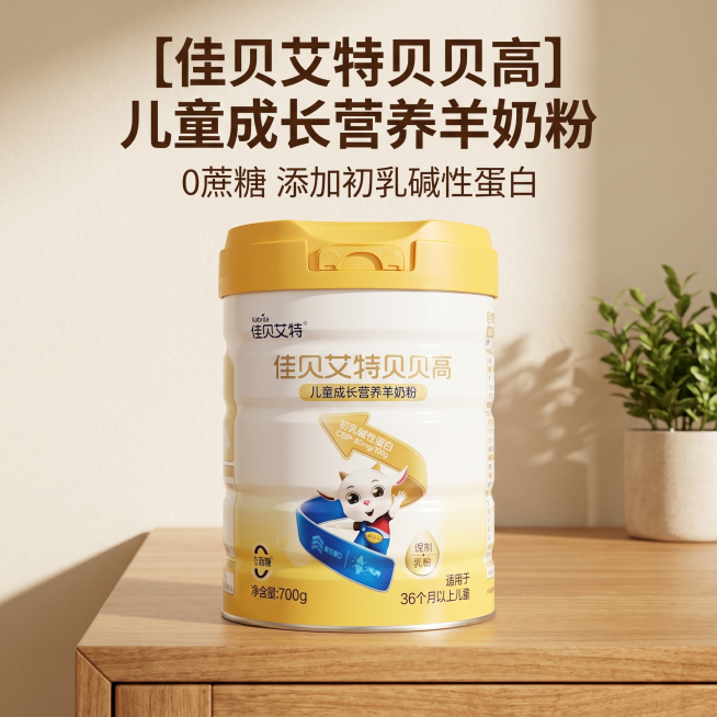 [主图 1] 儿童成长羊奶粉品牌首图，场景代入温馨家居氛围。
[氛围风格] 温暖柔和舒适，原木奶油风母婴场景；
[画质] 商业摄影质感、光线柔和通透、产品清晰真实、画面干净高级。
[元素] 佳贝艾特贝预览效果