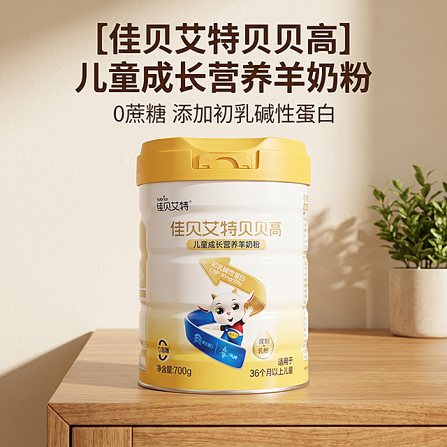[主图 1] 儿童成长羊奶粉品牌首图，场景代入温馨家居氛围。
[氛围风格] 温暖柔和舒适，原木奶油风母婴场景；
[画质] 商业摄影质感、光线柔和通透、产品清晰真实、画面干净高级。
[元素] 佳贝艾特贝贝高羊奶粉罐居中放置，背景是温暖原木桌面搭配奶油白色墙面，角落点缀一小盆清新绿植，整体自然温馨。保持奶粉罐外观（物理结构、材质质感、颜色）与输入产品图绝对一致，杜绝任何变形和色差，精细化处理。商品主体占比严格控制在60%-80%之间，画面满屏无边框。
[光影] 自然柔光从侧面照射，整体光影均匀柔和，奶fufu的暖调氛围感，产品轮廓清晰，明暗层次自然不生硬。
[配色] 主色调为温暖原木色搭配奶油白，点缀绿植清新绿色，配色柔和舒适。
[视角构图] 平视视角，景深适中，产品居中为视觉中心，轮廓完整不裁切。
[文字版式] 顶部负空间居中对齐留安全边距，主标题 "[佳贝艾特贝贝高]" "儿童成长营养羊奶粉" 深棕色大号粗体无衬线字体；下方副标题 "0蔗糖 添加初乳碱性蛋白" 字体略小，同色系深浅对比清晰。文字不遮挡产品主体，清晰易读。
[比例分辨率] 1:1 比例，2k 分辨率；文字清晰锐利，画面超高清。
[负向提示词] 变形，水印，文字错乱，产品图模糊，背景杂乱，配色刺眼，遮挡主体