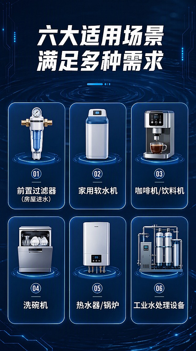 淘宝详情页第5屏适用范围，9:16竖版比例。深蓝科技工业风。顶部白色粗体大标题："六大适用场景 满足多种需求"。画面采用2行3列的6宫格布局，每个格子是一个应用场景的图标+文字：1. 前置过滤器（房屋进水）；2. 家用软水机；3. 咖啡机/饮料机；4. 洗碗机；5. 热水器/锅炉；6. 工业水处理设备。每个场景配有简洁的图标和场景名称。背景有淡淡的水波纹和科技线条。整体清晰明了，让买家快速知道产品用在哪里。文字清晰可读。禁止变形、错字、模糊、水印、平台Logo、绝对化用语。
