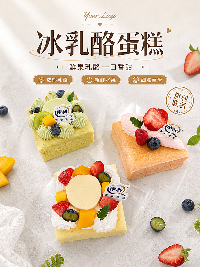 设计一张冰乳酪蛋糕商品营销海报，整体为写实商业摄影风格，浓郁甜蜜食欲氛围。画面上方预留logo位置，主标题文字为"冰乳酪蛋糕"，副标题文字为"鲜果乳酪 一口香甜"，卖点标签为"浓郁乳酪"、"新鲜水果"、"细腻丝滑"，装饰文字标注"伊利联名"。画面主体展示3款冰乳酪蛋糕，完全保留上传图片中蛋糕的外形、颜色、水果装饰、伊利logo和整体结构不变，商品放在浅灰色烘焙纸质感背景上，整体干净简约，顶部自然光，侧前方柔光，呈现细腻蛋糕质感，画面比例为3:4，排版精美，文字不遮挡蛋糕主体，所有文字清晰可读，四边保留安全边距。