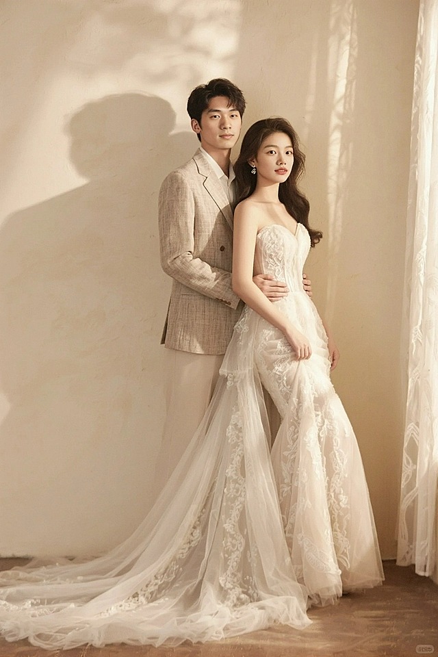 男生在左，女生在右，原木背景墙，阳光透过纱帘，女生穿着华丽的拖尾婚纱，男生穿亚麻西装，男生搂着女生的腰