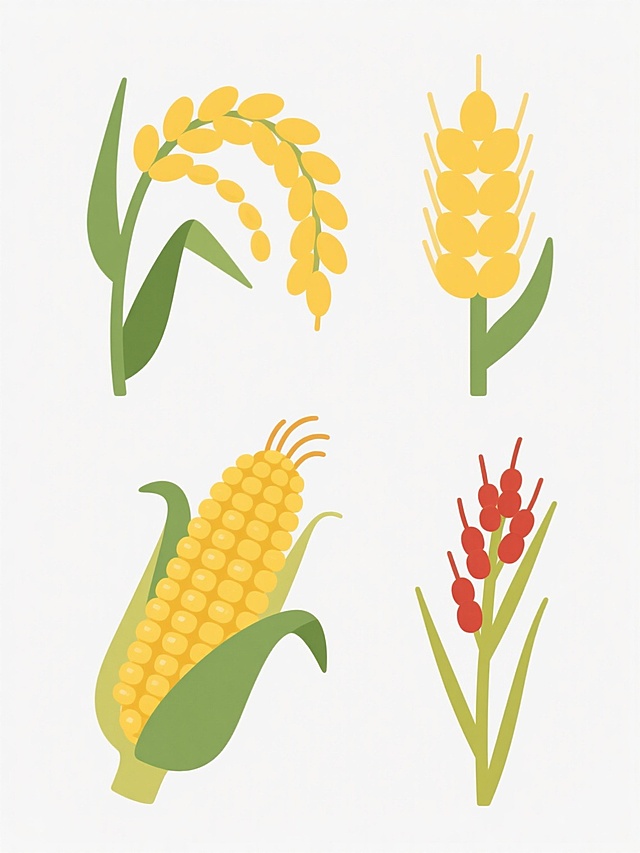 一套4个谷物元素的系列插画，保持简约扁平风格，白色纯色背景，每个元素独立规整排布。第一个是金黄色稻穗，饱满的谷粒成串垂下，绿色长茎带细长叶片；第二个是金黄色麦穗，颗粒紧密排列，顶部有麦芒，绿色茎秆较短；第三个是金黄色玉米，饱满的玉米棒上排列整齐的玉米粒，顶部有玉米须，带绿色玉米叶；第四个是金黄色高粱，红色穗头下垂，细长的绿色茎秆，整体风格统一，线条简洁流畅，色彩明快，适合作为农业相关的系列素材集合。