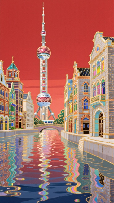 东方明珠+万国建筑+黄浦江，红色背景预览效果