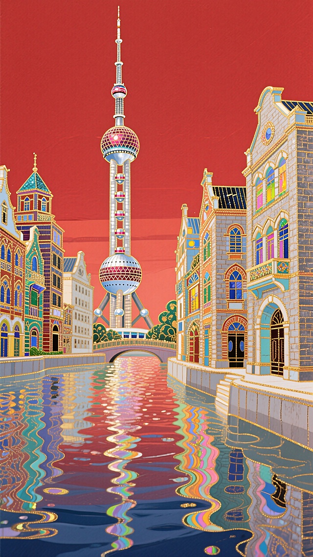 东方明珠+万国建筑+黄浦江，红色背景