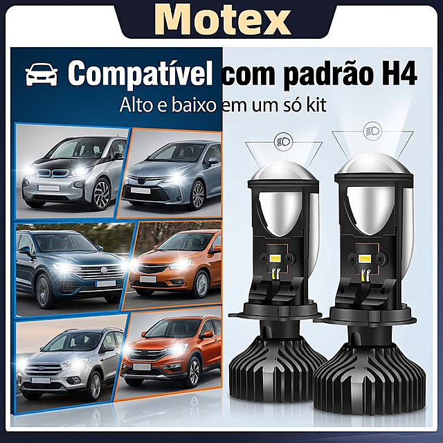 多款不同车型拼图展示，搭配H4接口特写，主标题“🚗 Compatível com padrão H4”超粗白色字体，副标题“Alto e baixo em um só kit”白色细字
