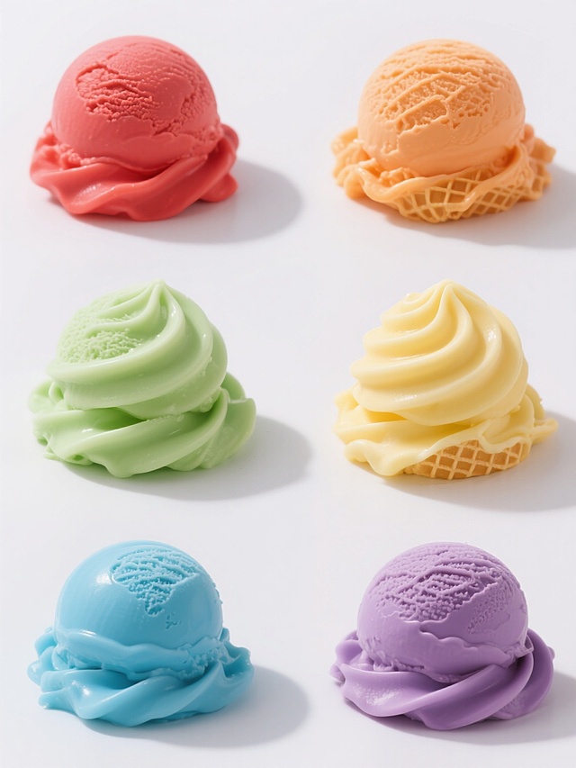 六个不同纯色冰淇淋球的系列素材集合，每个冰淇淋都保持原有的细腻奶油质感、螺旋状堆叠形态和华夫脆筒纹理，冰淇淋球颜色分别为红色、橙色、黄色、绿色、蓝色和紫色，背景为纯白色，六个冰淇淋呈两行三列规整排布，整体保持高清写实的产品摄影风格，光线明亮柔和，阴影清晰自然，突出冰淇淋的光滑表面和立体感。