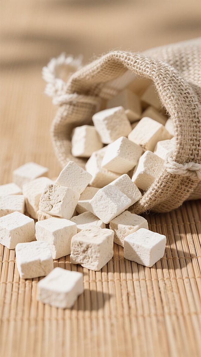 一堆大小不一、表面略带自然纹理的白色茯苓块散落在浅棕色竹制垫子上，部分茯苓块从一个开口的粗麻布麻袋中倾泻而出，麻袋的编织纹理清晰可见，整体画面呈现出简洁干净的自然风格，光线柔和明亮，色彩清新淡雅，适合作为背景素材使用，没有多余的文字、LOGO、二维码等元素。