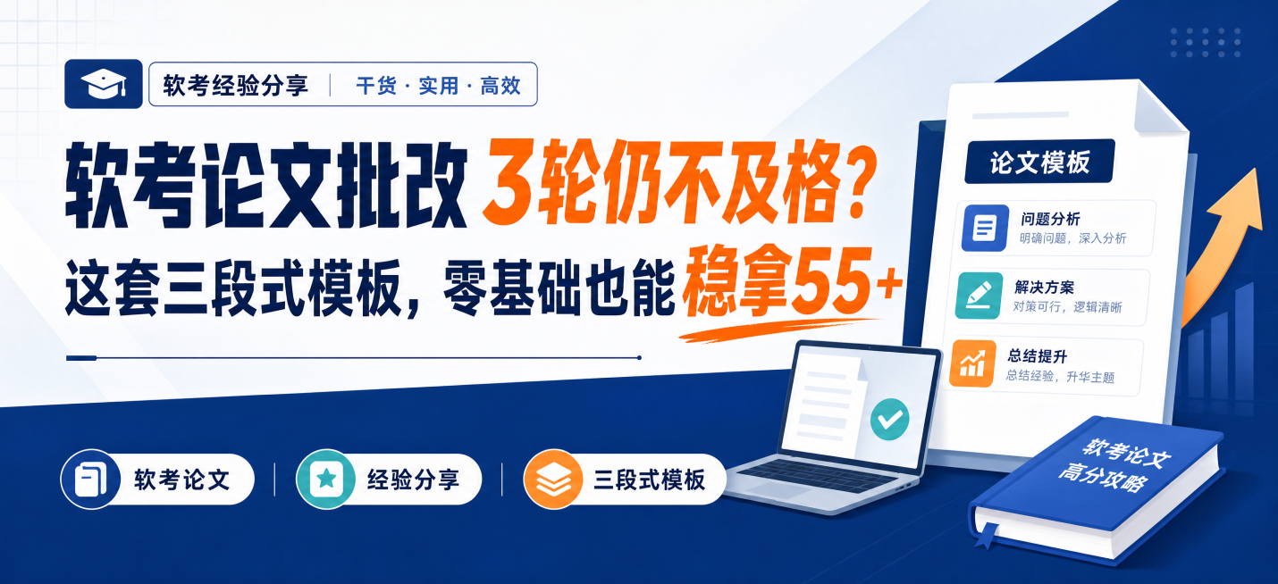 微信公众号文章封面横版设计，主题是软考考试经验分享，醒目标题文字："软考论文批改3轮仍不及格？这套三段式模板，零基础也能稳拿55+"，简约清晰的商务风设计，适合考试干货分享内容预览效果