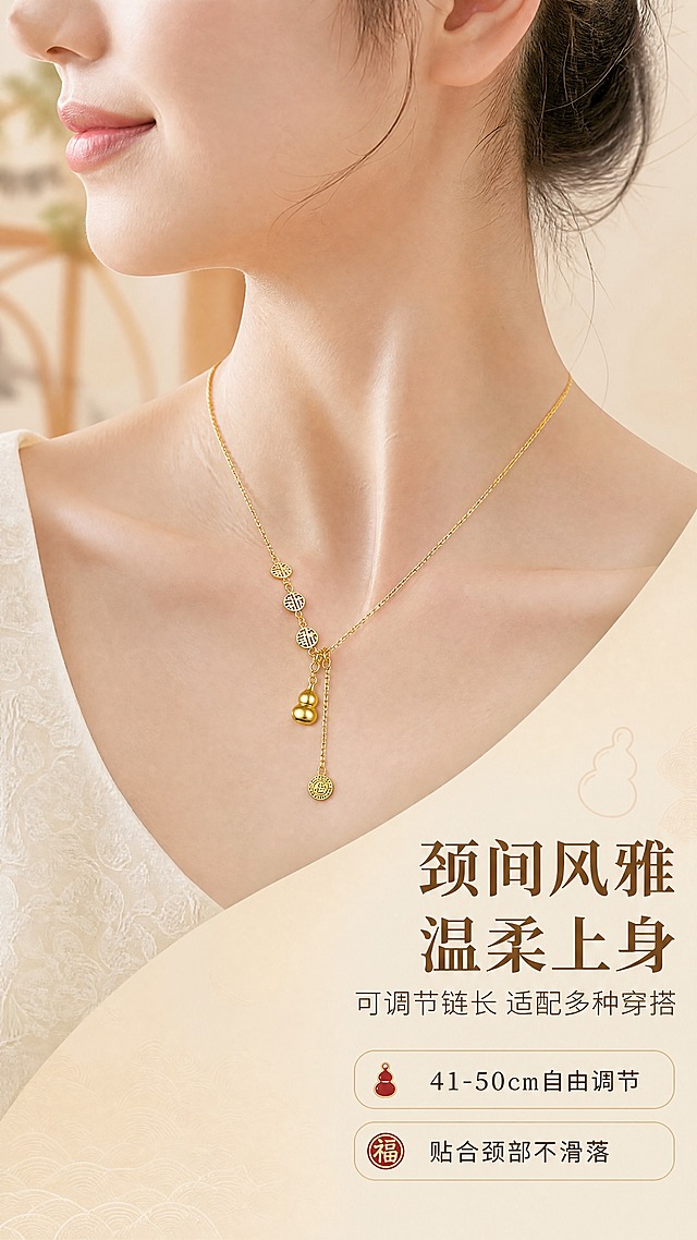 [商品] 使用【图1】清风茗饰福禄满满项链；保留金色细链、铜钱纹圆牌、葫芦吊坠、福牌流苏、抽拉可调节结构、铜镀金颜色与材质光泽；项链佩戴于亚洲女性颈部，位置与比例真实自然，不改变商品结构。
[画面] 页面目标：佩戴效果展示，呈现上身美感与可调节设计。真实佩戴型构图，亚洲女性颈部与锁骨特写，侧脸柔和，皮肤白皙；项链自然垂于锁骨位置，葫芦与福牌吊坠清晰可见；主体（颈部+项链）占画面60%，背景为暖米色虚化室内环境；右侧或下方留白放文案。
[视觉] 套系策略：风格=东方雅致国风轻奢商业摄影；标题字=宋体衬线粗体；正文字=简洁无衬线体；主色=暖金+米杏；背景延展=基于米杏色做深浅渐变、同色系层次与细腻宣纸/丝绸质感；强调色=朱砂红，仅用于小面积图标、引线和标签点缀；标题色=深棕金；正文色=暖灰棕；组件=圆角金线信息卡、细金线引线、葫芦/福纹小图标；光影=前侧暖柔光，皮肤质感通透，金属高光自然。
[文字] 右下位置主标题"颈间风雅 温柔上身"，副标题"可调节链长 适配多种穿搭"；下方2个卖点：「41-50cm自由调节」「贴合颈部不滑落」；文字横向排版，不遮挡脸部与项链主体。
[规格] 图片比例9:16竖版，4K，负向提示：避免变形、错字、文字过小、冷蓝/冷灰背景、商品颜色改变、结构失真、极限词、二维码、水印、低俗擦边。