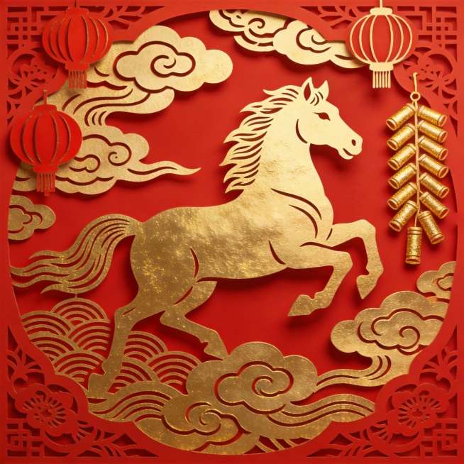 国潮风插画，红金配色彰显喜庆与中式韵味，剪纸元素与鎏金细节交织，骏马腾跃于祥云之间，点缀灯笼与鞭炮，尽显民族节日氛围。预览效果
