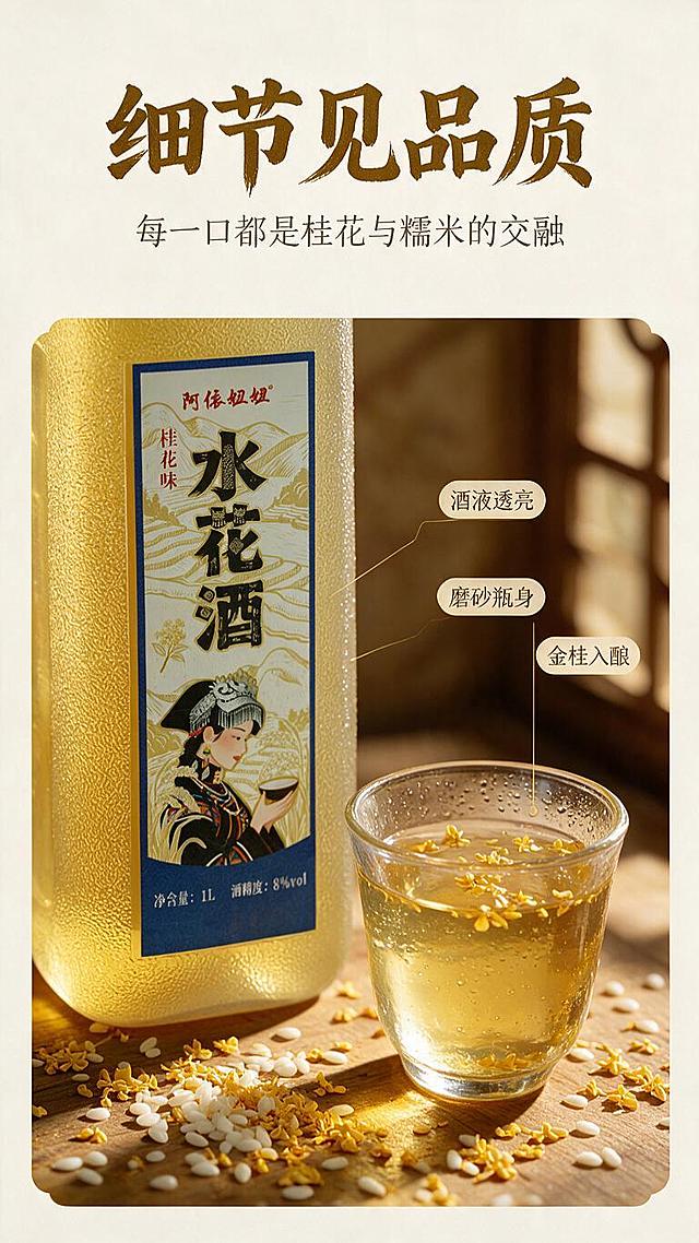 [商品] 使用产品图阿依妞妞桂花味水花酒，保留包装外观和文字，商品真实不变形。
[画面] 第6张-细节微距，画面下半部分是产品瓶中下部特写，展示磨砂瓶身纹理和金黄色酒液的通透质感。旁边放一只玻璃小酒杯，杯中酒液漂浮着金黄色桂花，杯壁有冷凝水珠。周围散落新鲜桂花和糯米粒，微距特写突出酒液色泽、气泡和原料质感。上方留白放文案。
[视觉] 套系策略：风格=中式清润暖调商业摄影；标题字=粗黑体厚重有力带书法飞白感；正文字=简洁黑体；主色=暖金黄+米白；背景延展=基于暖木棕做深浅层级、木质纹理、桂花纹样暗纹；强调色=桂花金黄，仅用于小面积图标、引线和标签；标题色=深棕金；正文色=深暖灰；组件=圆角浅底信息卡、细线引线、中式花窗装饰边框；光影=侧逆暖光，自然窗光感，酒液通透有琥珀光泽。
[文字] 上方主标题"细节见品质"6字，副标题"每一口都是桂花与糯米的交融"14字，右侧3个细节标注引线指向酒液、瓶身、桂花，分别写"酒液透亮""磨砂瓶身""金桂入酿"，文字横排。
[规格] 图片比例9:16竖版，1K分辨率，避免变形、错字、文字过小、冷蓝背景、产品颜色改变。