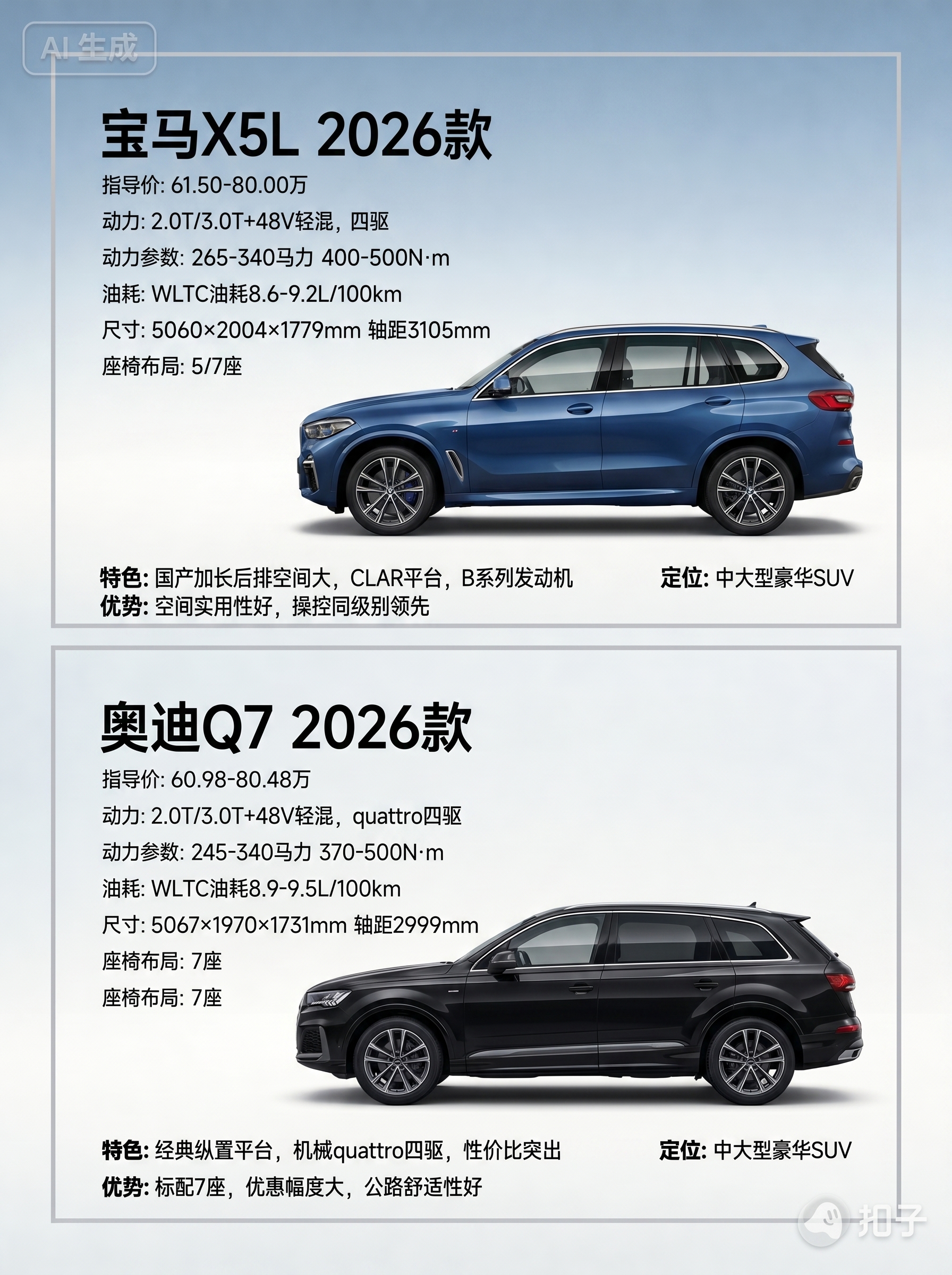 1:1复刻参考图版式，生成宝马X5L 2026款和奥迪Q7 2… - 图片创意预览