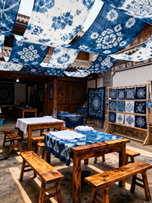 帮我生成6张扎染的图片，要求风格画面多样且写实，整体是蓝白色调，可以是制作扎染的过程图片、成品图片；形式多样的成品，例如裙子、丝巾、包包等，搭配不同的图案；要求整体画面符号当代年轻人的审美潮流，或者充预览效果