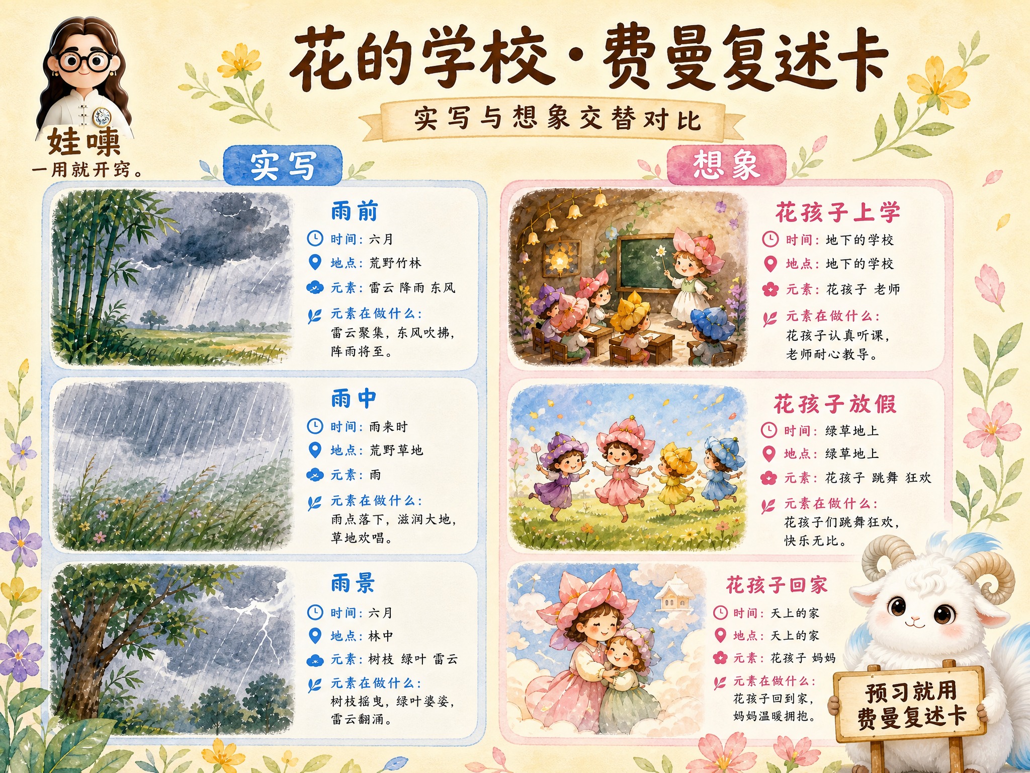 A4横版费曼复述卡，米黄色暖色调手绘水彩风格，温馨儿童教育风。… - 图片创意预览
