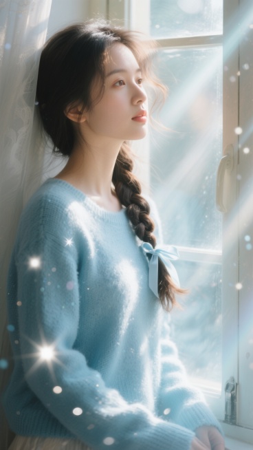 手绘风格，阳光照耀下来，朦胧感，全身照，细节丰富，一位美女梳着单边麻花辫，辫子尾端戴着同款丝带，穿着浅蓝色针织衫，靠着窗边，光洒在她脸上，呈现慵懒随意的姿态，风吹动发丝预览效果
