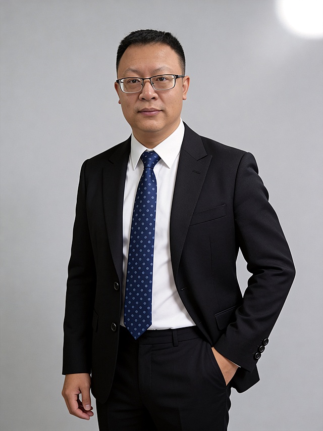 参考第一张图保留人物脸型､发型､年龄等特征生成职场形象照,参考第二张图人物占位和比例,标准焦段50mm,f/4光圈(f/2.8-f/4区间),平视视角(镜头与人物视线齐平);人物占画面70%,人物居中(居中构图),位于画面中心,为视觉聚焦点,入境范围头部及以下至臀部下方10cm(半身像);左右留少量背景空间;头部与画面顶部保留5%空间;头部发型完整,头肩比例协调,整体色调提亮;外搭黑色高支精纺羊毛混纺平驳领单排扣西装外套,两颗纽扣扣合,袖口四颗同色纽扣,左侧带胸袋,修身版型,细腻斜纹肌理,挺括垂坠,内搭白色高支纯棉尖领正装衬衫,领口挺括贴合颈部,搭配藏蓝色底梭织领带,带有规则灰蓝色小波点,波点大小均匀排列整齐,四手结造型,结型饱满端正,下装同色系黑色西装裤,修身版型,细腻斜纹肌理,挺括垂坠,外套扣合身体正面微侧,左手插于西装裤兜,右手自然垂于身侧,肩部自然放松,姿态舒展,眼神明亮坚定直视镜头,表情沉稳端正,嘴角微扬呈内敛浅笑,展现干练､沉稳､专业的职场气质;发丝整齐服帖,面部干净清爽,无明显妆容,肤色均匀偏暖,呈现细腻哑光质感,T 区微泛健康油光,侧光下鼻梁与颧骨处有轻微高光背景为中度灰色纯色背景,突出人物主体,背景轻微虚化;肤质呈现匀净哑光质感(自然白皙);轻透裸妆+重点提亮;唇色透亮润泽(半哑光质地);背景光线均匀,明暗过渡柔和,强化色彩对比的高级感｡极简干净打光采用柔光主光(5200K中性白光,柔化面部光影,突出面部轮廓立体感)+补充暗部细节,避免过曝),整体光线均匀柔和,明暗过渡自然;画质为超高清精细质感,中度锐化,画面纯净无噪点,严格按照原图内容生成｡