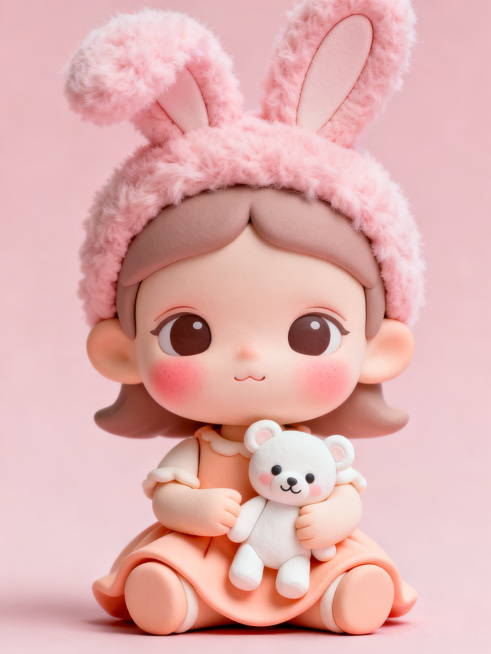 An adorable sweet chibi baby girl with soft blushing cheeks, wearing a fluffy pink bunny ear headban预览效果