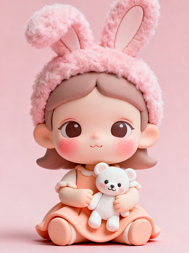 An adorable sweet chibi baby girl with soft blushing cheeks, wearing a fluffy pink bunny ear headband and a pastel peach dress. She is holding a tiny white teddy bear with a gentle, sweet healing smile. Polymer clay style, 3D clay simulation, Pop mart blind box toy figure, romantic soft studio lighting, C4D rendering, octane render, ultra-detailed, smooth clay texture, clean pastel pink background, 8k