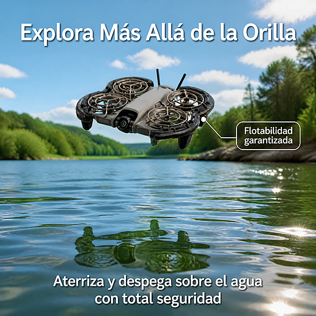[第5张] Escena de uso del protector de flotabilidad para drone NEO 2 sobre superficie acuática. Página de escenario de aplicación real. Esta imagen utiliza la [图1] como referencia del drone con protector instalado.
[氛围/风格] Estilo de fotografía de estilo de vida al aire libre, atmósfera aventurera y libre, luz natural diurna, sensación de libertad y tranquilidad.
[元素布局] El drone DJI NEO 2 con protector de flotabilidad negro vuela a baja altura sobre un lago o estanque de agua cristalina; debajo se ve el reflejo del drone en la superficie del agua con pequeñas ondas; al fondo, vegetación natural y cielo parcialmente nublado. El drone mantiene su estructura, proporciones y el protector de flotabilidad negro igual que en la imagen de referencia. La escena sugiere que el drone puede aterrizar y despegar del agua gracias al protector.
[光影质感] Luz solar natural de media tarde desde la derecha, destellos en la superficie del agua, sombras suaves, atmósfera luminosa y realista, colores naturales.
[配色色系] Paleta natural: azules del cielo y el agua, verdes de la vegetación, grises y negros del producto; acento blanco en las nubes y reflejos; texto en blanco con sombra suave para legibilidad.
[视角构图] Vista en ángulo medio desde la orilla, drone en el tercio superior de la imagen, superficie de agua en primer plano, profundidad de campo natural, recorrido visual de abajo hacia arriba.
[文字版式] Todo el texto en español. Título superpuesto en la parte superior: «Explora Más Allá de la Orilla»; subtítulo en la parte inferior: «Aterriza y despega sobre el agua con total seguridad»; etiqueta flotante junto al drone: «Flotabilidad garantizada». Tipografía sans-serif limpia, texto legible sobre fondo natural, sin caracteres chinos.
[比例分辨率] Proporción 1:1, resolución 2K, texto nítido, imagen de alta calidad.
[负向提示词] deformación del drone, protector mal colocado, colores irreales, texto borroso, texto en chino, marcas de agua, aspecto de ilustración.