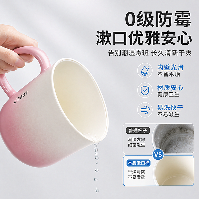 [主图-2] 主题：0级防霉核心效果证明，告别潮湿霉斑，长久清新干爽。
[统一基调] 整体风格为洁净生活、明亮自然光、高亮通透、清爽秩序感；背景主色为浅灰渐变+柔和环境光；标题字色为深灰近黑，辅助字色为中灰，强调色为清透蓝；字体为无衬线粗体，字号层级分明，标题最大最粗，辅助文案缩小50%以上；卡片与图标采用圆角轻量样式，不用厚重色块底板。
[画面] 画面左侧为一只被手握住把手的渐变粉色漱口杯，杯口朝下微微倾斜，展示倒水沥干的动作，内壁光滑无水渍残留，水珠自然滑落。右侧用对比方式呈现：上方小图示意普通杯子潮湿发霉的痛点（用暗色调与霉斑纹理暗示），下方小图展示本品干燥清爽的状态。产品占画面约55%，视角为平视微侧，重点展示杯内壁光滑质感与防霉效果。右侧配大标题与3个核心卖点短句。
[光影质感] 商业摄影质感，主光柔和均匀，杯身有细腻高光，水珠透明有反光，把手握持处有自然手部阴影，整体干净通透，突出内壁光滑不留水垢的视觉证据。
[配色] 背景浅灰渐变，产品保持原图真实颜色，标题深灰，强调数据与图标用清透蓝，对比痛点区用暗灰调做区分，整体仍以洁净明亮为主。
[文字版式] 右侧上方大标题「0级防霉 漱口优雅安心」，副标题「告别潮湿霉斑 长久清新干爽」；标题下方垂直排列3行卖点短句：「内壁光滑 不留水垢」「材质安心 健康卫生」「易洗快干 不易滋生」；文字右对齐，放在右侧负空间，不遮挡主体；所有文字横排。
[输出要求] 1:1正方形，文字清晰锐利，产品清晰不变形；负向：变形 错字 模糊 杂乱 水印 平台Logo 悬浮 穿模 多余手指 面部扭曲 夸张医疗效果