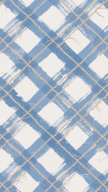 细密的菱形网格平铺背景，靛蓝色与象牙白交织的不规则笔触格纹，线条时而粗粝如手工编织的麻绳肌理，时而纤细似蛛丝般轻盈，色彩过渡处故意保留的手工晕染痕迹增添温度感，整体呈现出北欧乡村亚麻布的质朴质感与现代几何的秩序美感，适合作为高端布艺或壁纸的无缝循环图案元素。预览效果